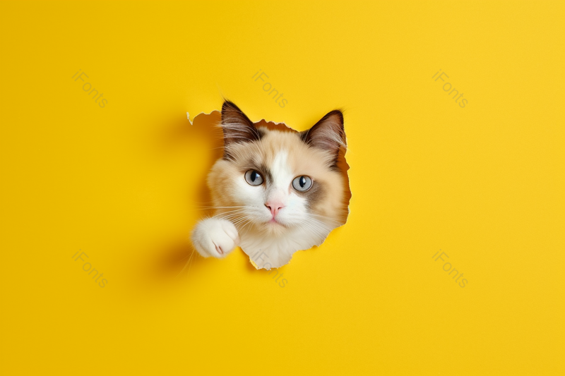 从黄色纸箱中钻出的自养家猫,高清,摄影图,摄影图片,图片大全,摄影图免费下载